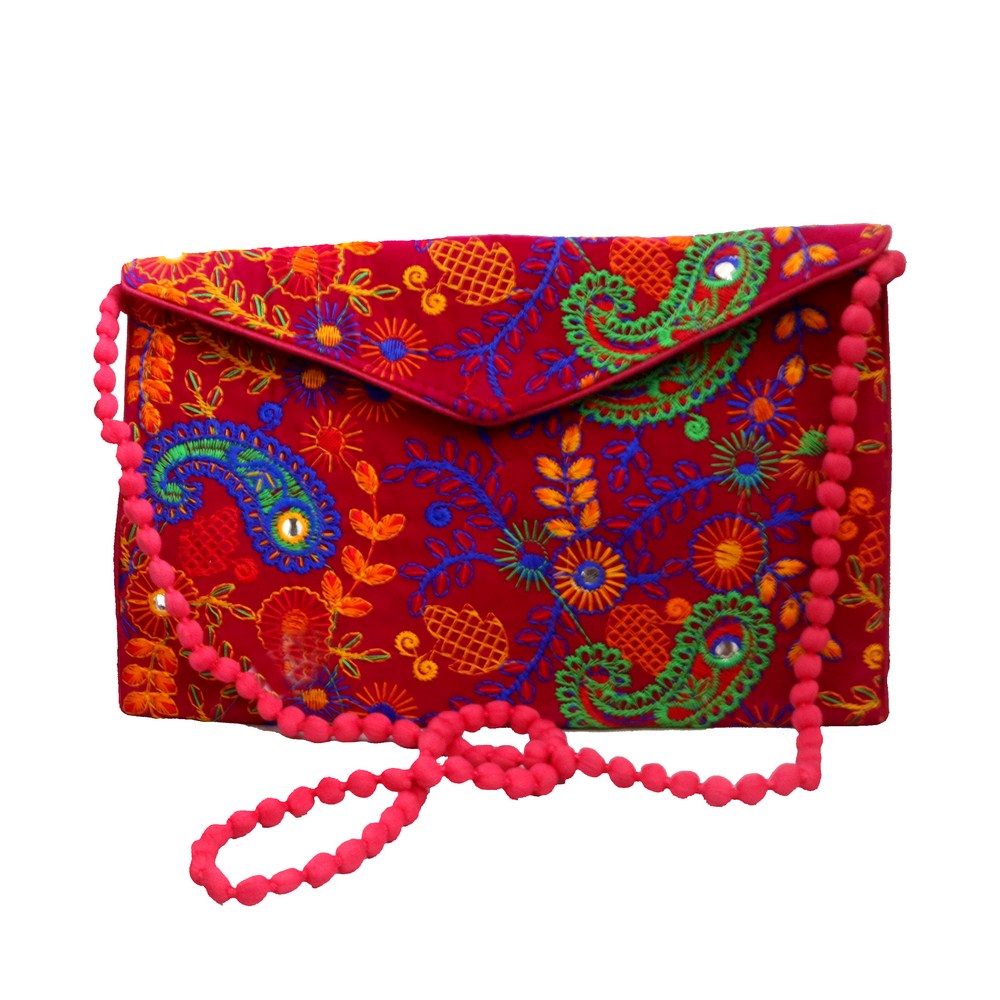 Vibrant Pink Coloured Purse Hanging Bag With Leaf Embroidery Design ...