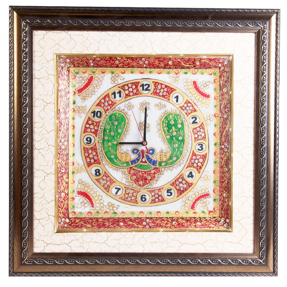 Wooden Frame LED Marble Clock with Peacock Painting | Boontoon